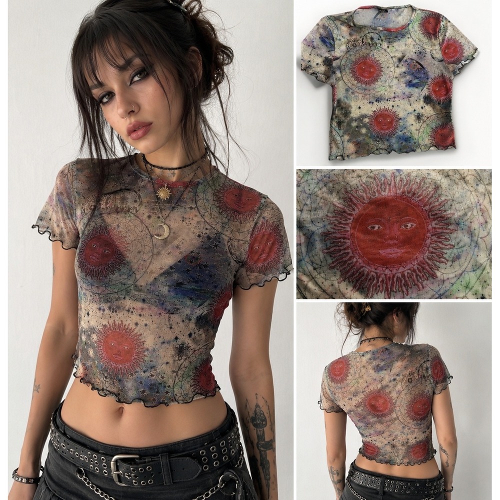 Sheer Mesh Celestial Sun Crop Top Lettuce Hem Y2K Fairy Grunge Astrology Tee M